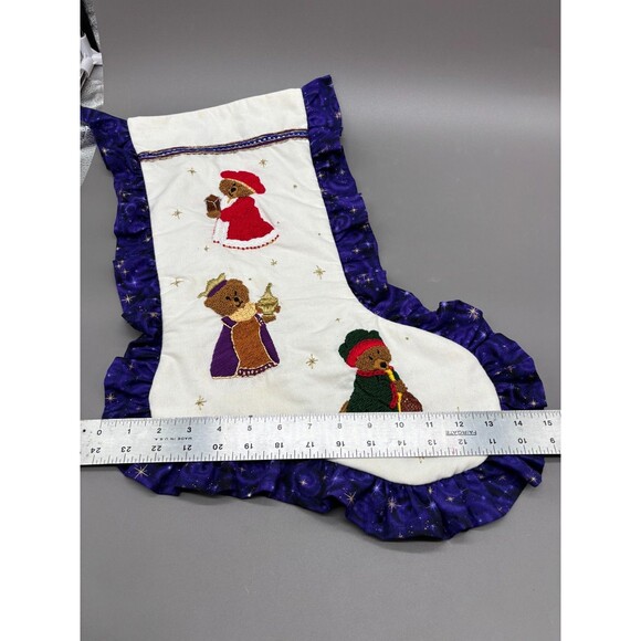 Handmade Embroidered Christmas Stocking Three Wise Men Bears Purple Gold Trim - Picture 10 of 12